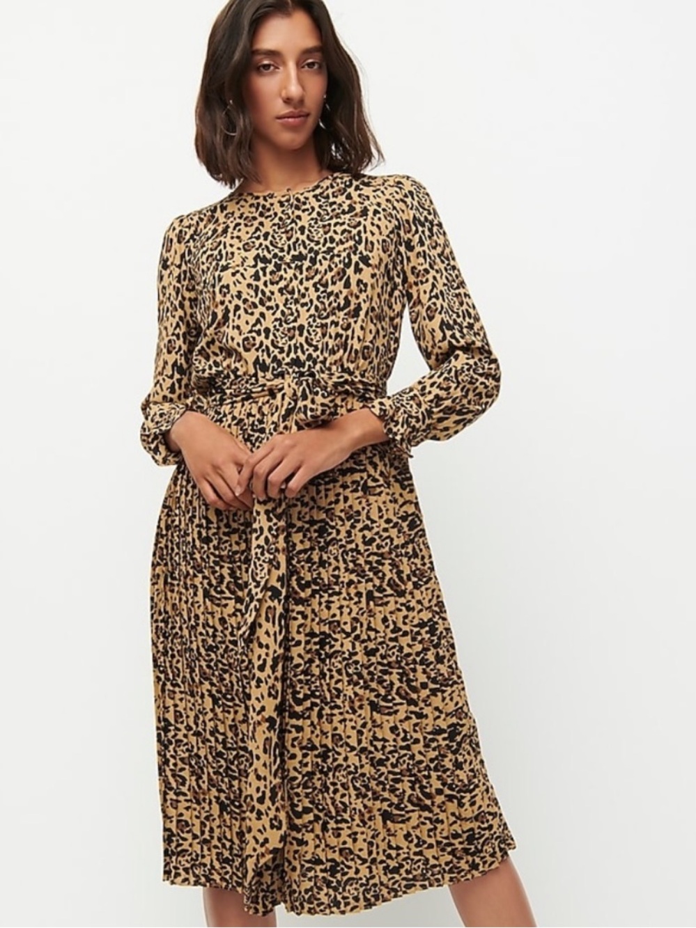 J. Crew Leopard Long Sleeve Pleated Satin Belted Midi Dress Size 8 NWT